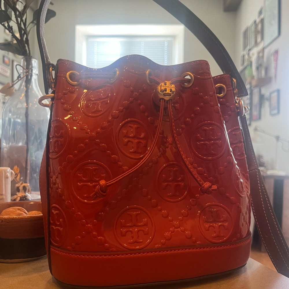 Tory Burch Red Embossed Leather Shoulder Bag